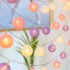 A string of colorful LED ball lights, some glowing warmly, hanging in a softly lit indoor setting with a hint of greenery. Náhled obrázku produktu