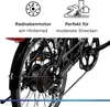Close-up of the rear wheel and drivetrain of a black electric bicycle, with marketing text and icons above. Produktbild-Vorschau