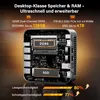 A close-up view of the internal components of a mini PC, highlighting the DDR5 RAM and SSD, with overlaid text detailing specifications and performance metrics. Produktbild-Vorschau