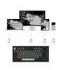 Diagram showing a keyboard's connectivity options to various devices like MacBooks, PCs, tablets, and phones. Produktbild-Vorschau