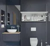 A modern bathroom with a wall-mounted vanity, sink, mirror, and a medicine cabinet above the toilet. Produktbild-Vorschau