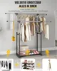 A collage of images showing a double-pole clothing rack with various clothing items, shoes, and accessories. The main image displays the clothing rack itself with clothes hanging on it and storage boxes below. Anteprima dell’immagine prodotto