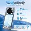 A transparent smartphone is shown with its internal components visible, alongside marketing text and icons highlighting battery life and usage statistics. Produktbild-Vorschau