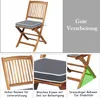 A collage of images showing a wooden folding chair with a gray cushion, highlighting its features and construction. Náhľad obrázku produktu