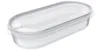 A clear, studio shot of a transparent oval food storage container with a lid. Produktbild-Vorschau