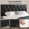 Collage showing a black tufted headboard with pillows, and close-ups of the material and a hand pressing into foam. Produktbild-Vorschau