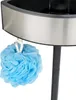 A close-up of a blue bath pouf hanging from a silver shower caddy. Produktbild-Vorschau
