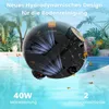 A pool cleaning robot is shown partially submerged in a pool, with palm trees and foliage in the background. Water splashes and leaves are depicted around the robot. Anteprima dell’immagine prodotto