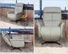 Collage of a gray leather recliner chair in different positions, with a window view of the sea in the background. Produktbild-Vorschau