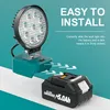 A work light is shown being attached to a battery pack, with text indicating ease of installation. Produktbild-Vorschau