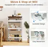 A white rolling storage cart with a brown top, shown in a room with a plant and part of a chair. Insets show close-ups of the casters and their locking mechanism. Podgląd zdjęcia produktu
