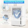 A white dehumidifier is shown with informational graphics and text overlays highlighting its features. Produktbild-Vorschau