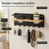 Schlüsselbrett mit Ablage, 8 Haken, Holz, schwarz, 35x10x10 cm Produktbild-Vorschau