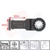 A close-up of a Bosch oscillating tool blade with dimensions and feature icons. Podgląd zdjęcia produktu