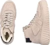 A pair of beige high-top sneakers with fluffy lining, shown from two different angles against a white background. Voir les images du produit