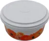 A round food storage container with a lid, decorated with orange and white flowers. Produktbild-Vorschau