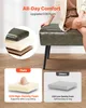 A person's hand rests on a green upholstered bench, with layered foam diagrams and comparison graphics below. Anteprima dell’immagine prodotto