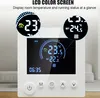 A digital thermostat with a color LCD screen displaying temperature and time, with close-up insets highlighting screen details. Podgląd zdjęcia produktu