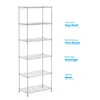 A silver metal shelving unit with six shelves is shown against a white background. Text labels are present to the right of the shelving unit, describing its features. Voir les images du produit