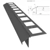 A 3D render of a graphite-colored aluminum corner profile with cutouts, shown with a technical drawing indicating dimensions. Produktbild-Vorschau