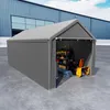 A grey carport tent garage with its front open, revealing stored items like a snowblower and shelves inside. Náhled obrázku produktu