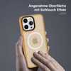A person's hands are holding a yellow phone case with a transparent back, showing the Apple logo inside. Produktbild-Vorschau