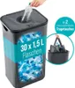 A hand is shown placing a plastic bottle into a recycling bin. The bin is filled with plastic bottles and has text indicating its capacity. Podgląd zdjęcia produktu