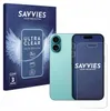 A product shot of a phone screen protector packaging and a phone with a screen protector laid over it. Produktbild-Vorschau