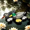 A set of plastic toy ducks floating on water with lily pads and flowers. Produktbild-Vorschau