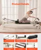 A collage of images showing a Pilates reformer machine and its features, with a woman demonstrating an exercise on the main image. Podgląd zdjęcia produktu