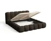 A brown upholstered bed frame with its slatted base lifted to reveal storage space underneath, set against a white background. Voir les images du produit