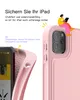 A pink iPad case is shown with text describing its features. A person is sitting on top of the case, holding a tablet. Produktbild-Vorschau