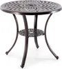 A bronze-colored round table with an ornate, patterned top and a lower shelf, standing on four curved legs. Náhled obrázku produktu