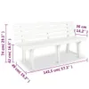 A white plastic garden bench with dimensions indicated by measurement lines and text. Produktbild-Vorschau