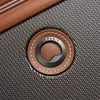 A close-up shot of a Delsey logo on a textured brown surface, with a brown leather trim and stitching. Produktbild-Vorschau