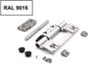 A collection of metal hardware components, including a hinge mechanism, pins, screws, and mounting brackets, arranged on a white background. Produktbild-Vorschau