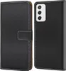 A black flip-style phone case is shown open, revealing the inside and the phone it protects. The phone has a distinctive camera module. Produktbild-Vorschau
