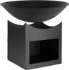 A black metal fire pit with a square base and a round bowl on top. Voir les images du produit