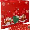 A close-up view of a red Christmas table runner featuring cartoon gnomes and snowflakes. Náhled obrázku produktu