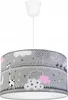 A children's hanging lamp with a grey fabric shade featuring a whimsical pattern of giraffes, clouds, moons, and stars. Produktbild-Vorschau