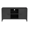 A black metal TV stand with two doors and open shelving in the center. Voir les images du produit