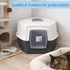 A large corner cat litter box with a lid is shown in a room with a cat tree and a cat bed. There are also two bowls for food and water. Produktbild-Vorschau