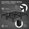 A black metal bed frame with a slatted base, shown from a slightly elevated angle. Text overlays highlight features like 'Simple, Stable Design', 'With slatted frame', 'Sturdy Construction', 'Double bed', and 'Feet with floor protector'. Close-up insets sh Podgląd zdjęcia produktu