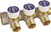 A brass manifold with three adjustable valves, likely for plumbing or heating systems. Produktbild-Vorschau