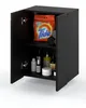 A black bathroom cabinet with its doors open, displaying various items inside. Voir les images du produit