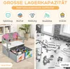 A split image showing a children's table and chair set with storage on the left, and a messy room with toys on the right. Produktbild-Vorschau