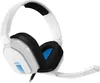A studio shot of a white and blue gaming headset.