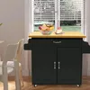A black kitchen cart with a wooden countertop is shown in a room with blinds covering a window. Voir les images du produit