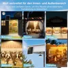Collage of different scenarios where LED solar lamps are used, including a shed, gazebo, garage, farm, eaves, and camping. Produktbild-Vorschau