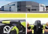 A collage showing a building, and two close-up shots of a car steering wheel lock being installed. Voir les images du produit